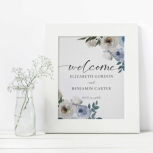 Affiche Dusty Blue Mariage Floral Welcome Élégant