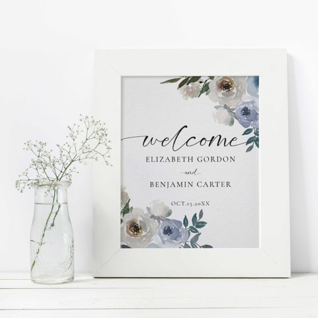 Affiche Dusty Blue Mariage Floral Welcome Élégant (Créateur téléchargé)