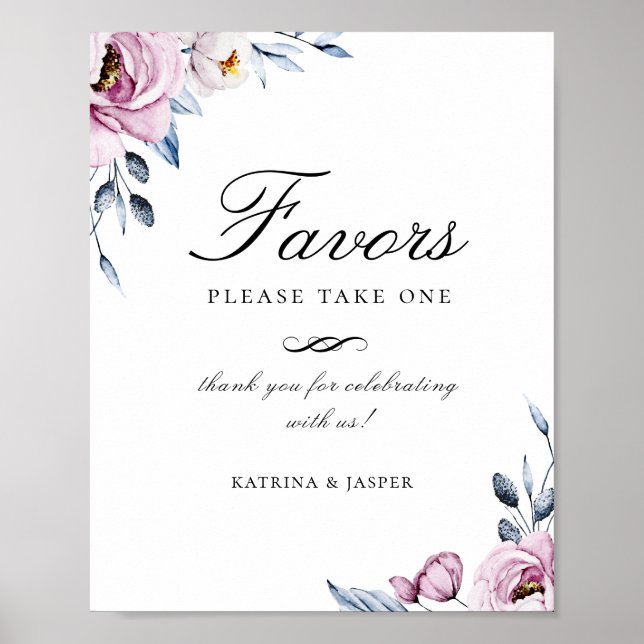 Affiche Dusty Blue Mauve Floral Favor Wedding Sign (Devant)