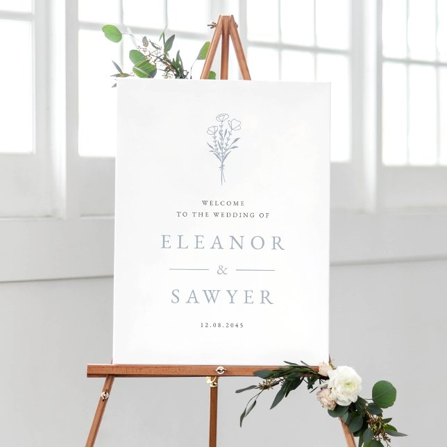 Affiche Dusty Blue Minimalist Floral Bouquet Mariage (Customizable wedding welcome sign featuring minimalist floral bouquet. Available in other colors. )