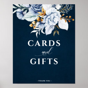 Affiche Dusty Blue Navy Gold Floral Wedding Cartes & Cadea