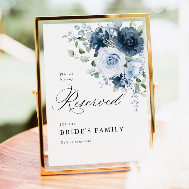 Affiche Dusty Blue & Navy Reserved Sign 5x7 Wedding Decor (Dusty blue floral reserved sign 5x7 wedding decor gold frame ceremony seating sign outdoor display)