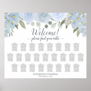 Affiche Dusty Blue Rustic Roses 25 Table Seating Chart