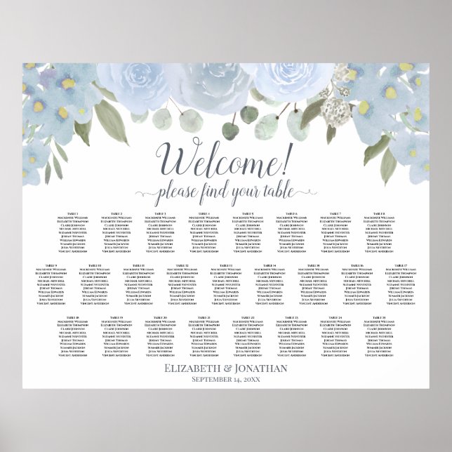Affiche Dusty Blue Rustic Roses 25 Table Seating Chart (Devant)