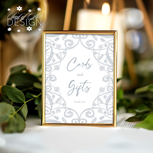 Affiche Dusty Blue Silver Floral Dentelle Mariage Carte &  (Créateur téléchargé)