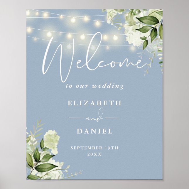 Affiche Dusty Blue String Lights Floral Mariage Welcome (Devant)