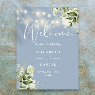 Affiche Dusty Blue String Lights Floral Mariage Welcome
