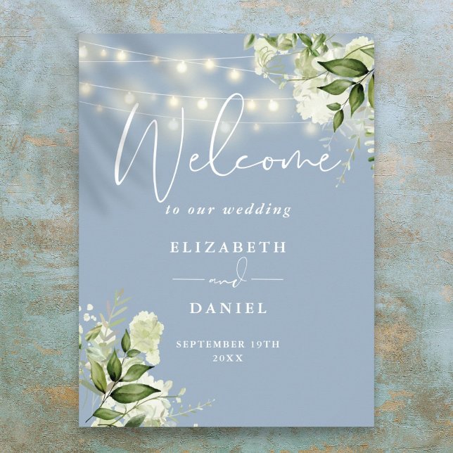 Affiche Dusty Blue String Lights Floral Mariage Welcome (Dusty Blue String Lights Floral Wedding Welcome Poster)