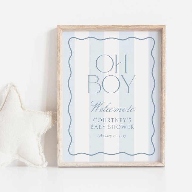 Affiche Dusty Blue Stripe Oh Boy Baby Shower Welcome Sign (Créateur téléchargé)