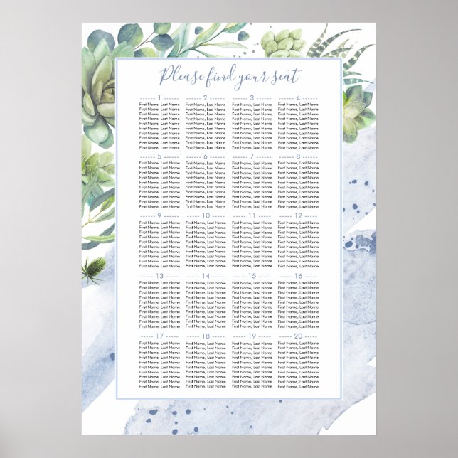 Affiche Dusty Blue Succulents Greenery Seating Chart (Devant)