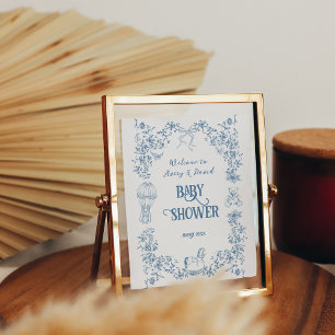 Affiche Dusty Blue Vintage Floral Baby shower accueil