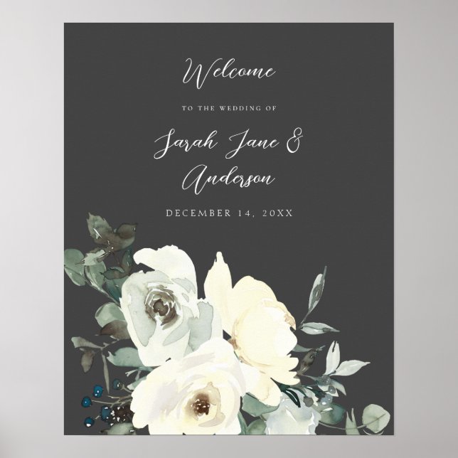 Affiche Dusty Blue & White Floral Welcome Mariage - Gris (Devant)
