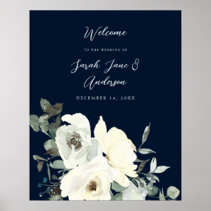 Affiche Dusty Blue & White Floral Welcome Mariage- Navy