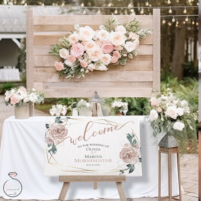 Affiche Dusty Blush rose Rustique Calligraphie Florale Bie (Welcome Guests into your BOHO blush pink rose garden wedding)