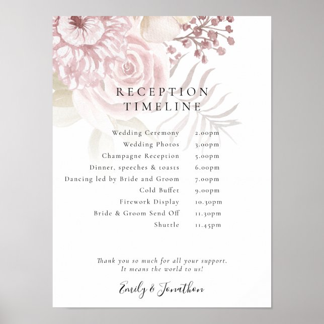Affiche Dusty Florals Script Pink Reception Timeline (Devant)