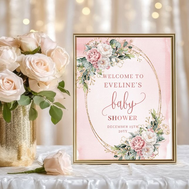 Affiche Dusty Pink Flowers Gold Welcome Baby Shower Sign (Dusty Pink Flowers Gold Welcome Baby Shower Sign)