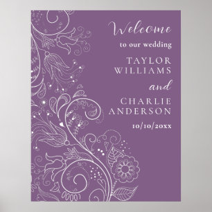 Affiche Dusty Purple Élégant Mariage Floral Bienvenue