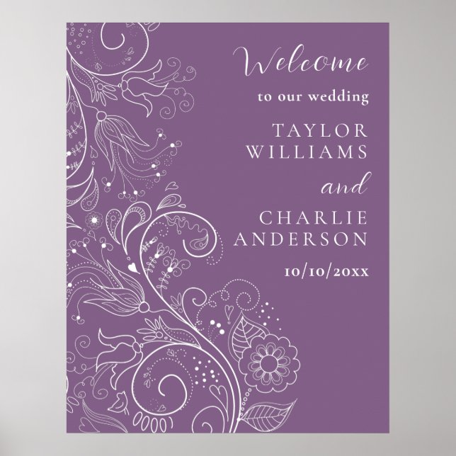 Affiche Dusty Purple Élégant Mariage Floral Bienvenue (Devant)