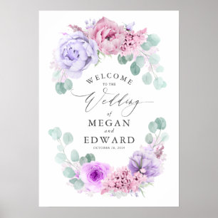 Affiche Dusty Purple et rose Floral Mariage Bienvenue