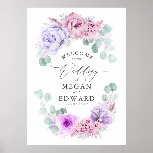 Affiche Dusty Purple et rose Floral Mariage Bienvenue (Devant)