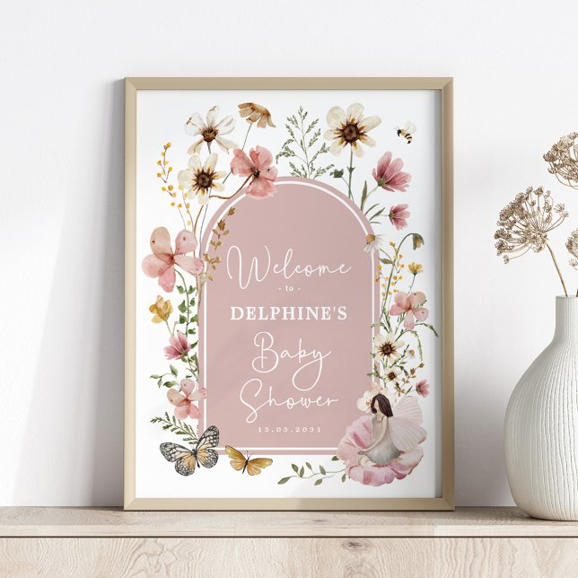 Affiche Dusty rose Fleur sauvage Baby shower de fées Bienv (Créateur téléchargé)