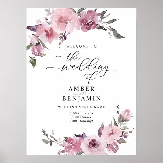 Affiche Dusty Rose Floral Blush Rose Mauve Mariage Bienven (Devant)