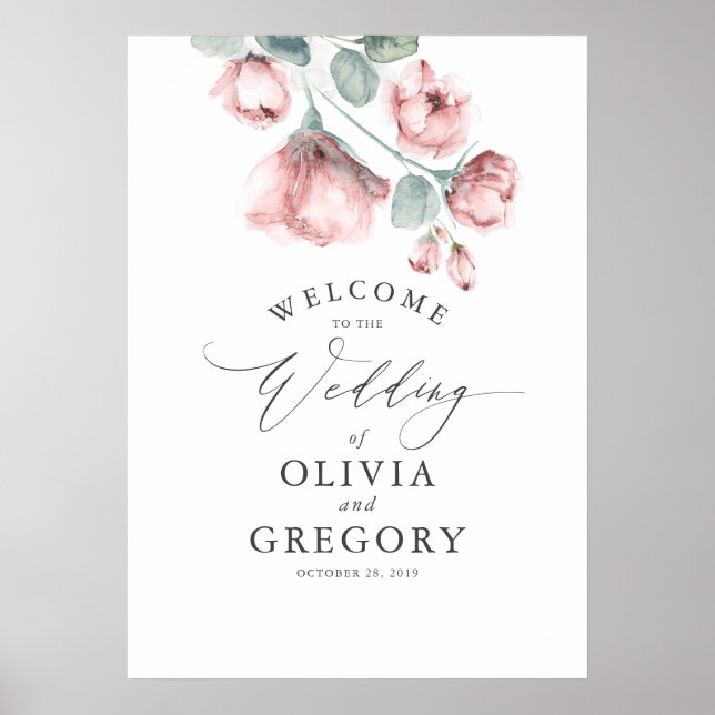 Affiche Dusty Rose Floral Élégant Mariage Bienvenue (Devant)