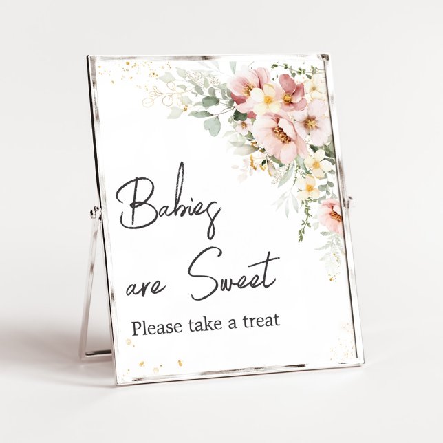 Affiche Dusty rose Floral Greenery Les bébés sont doux (Dusty Pink Floral Baby Shower Babies are Sweet Sign)