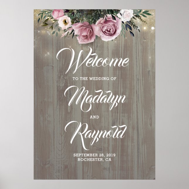 Affiche Dusty Rose Floral Rustic Mariage Bienvenue (Devant)