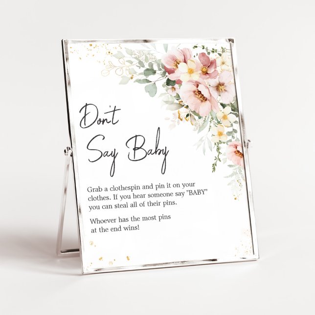Affiche Dusty rose floral verdure Ne pas dire bébé (Dusty Pink Floral Baby Shower Don't Say Baby Sign)