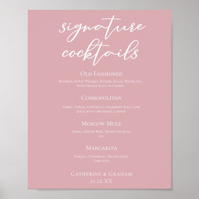 Affiche Dusty Rose rose Mariage Signature Cocktails Menu (Devant)