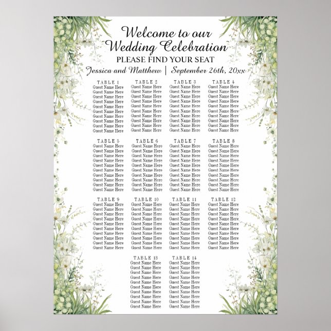 Affiche Dusty Sage Green 14 Tables Siège Mariage (Devant)