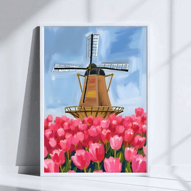 Affiche Dutch Windmill Tulip Flower Field Watercolor Art (Créateur téléchargé)