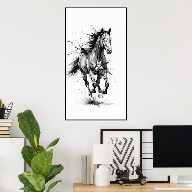 Affiche Dynamic Black and White Horse (Bureau à domicile)
