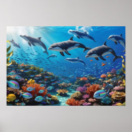 Affiche Dynamic Dolphin Pod & Fishes - Vibrant Coral Reef