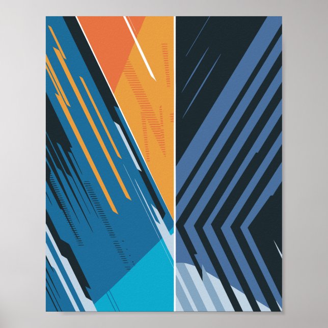 Affiche Dynamique géométrique Abstrait en bleu et orange (Devant)
