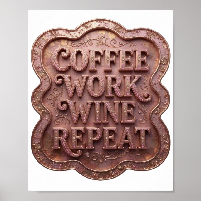 Affiche Dynamique Rose CAFE TRAVAIL VIN REPETE Texte 3D Ar (Devant)