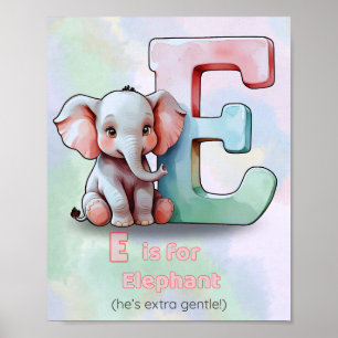 Affiche E est pour Elephant - Joli Alphabet Animal Nursery