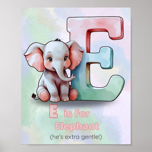 Affiche E est pour Elephant - Joli Alphabet Animal Nursery (Devant)