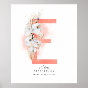 Affiche E Letter Monogram White Orchids and Pampas Grass