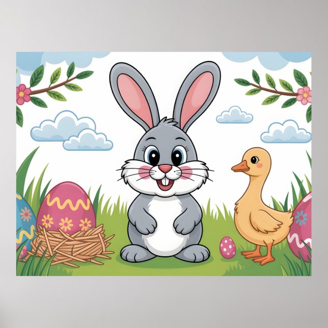 Affiche Easter Bunny and Duckling in Spring Meadow (Devant)