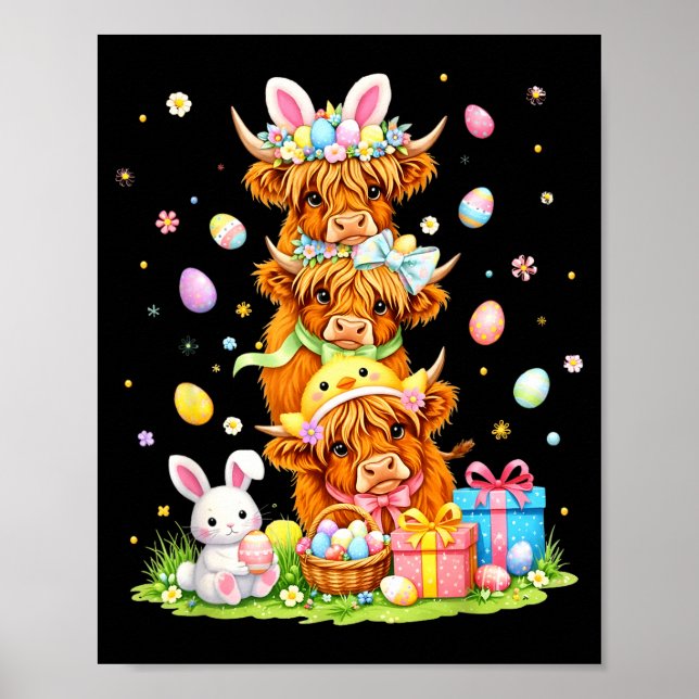 Affiche Easter highland cows coquette bow bunny eggs easte (Devant)