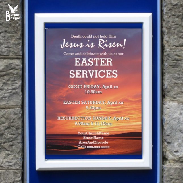 Affiche EASTER Jésus est ressuscité SERVICES D'ÉGLISE Cust (Jesus is Risen Easter Services poster which can be placed in a display board)