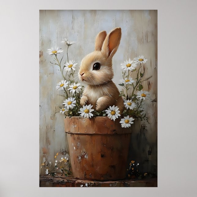 Affiche Easter Rabbit Bunny In Flower Pot Print, Rustic (Devant)