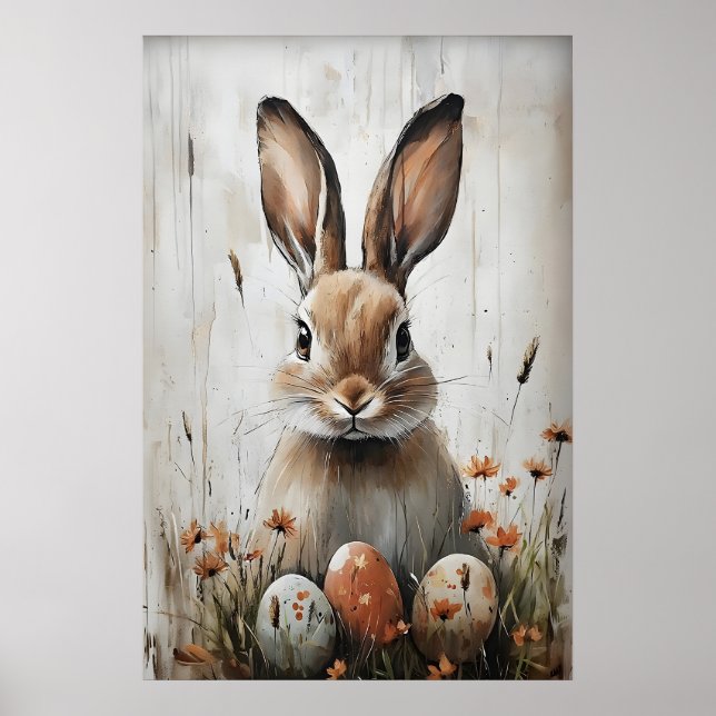 Affiche Easter Rabbit Bunny In Flower Print, Rustic Easter (Devant)