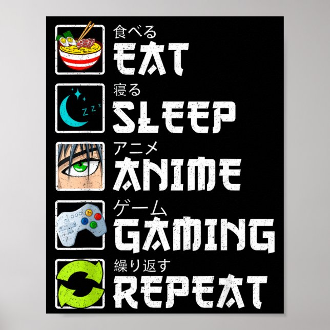 Affiche Eat Sleep Anime Gaming Repeat Kawaii Otaku Anime M (Devant)