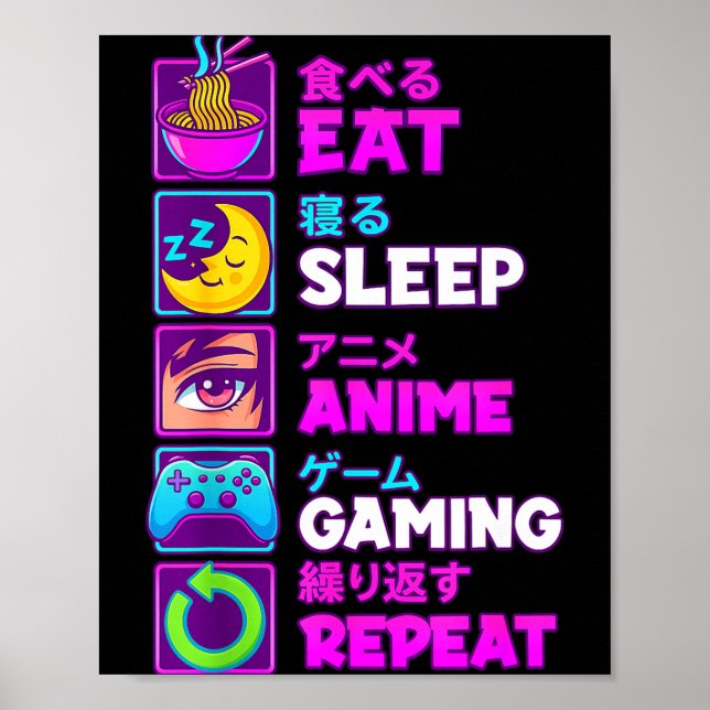 Affiche Eat Sleep Anime Gaming Repeat Kawaii Otaku Anime M (Devant)