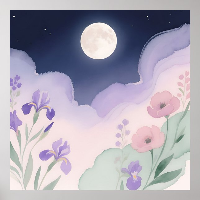Affiche Eau de pleine lune aquarelle Iris Floral Nuit (Devant)