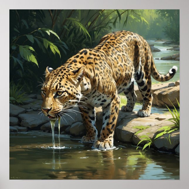 Affiche Eau potable Leopard unique dans la peinture fluvia (Devant)