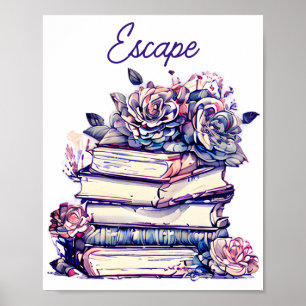 Affiche Échapper pile d'anciens livres Vintages avec Rose